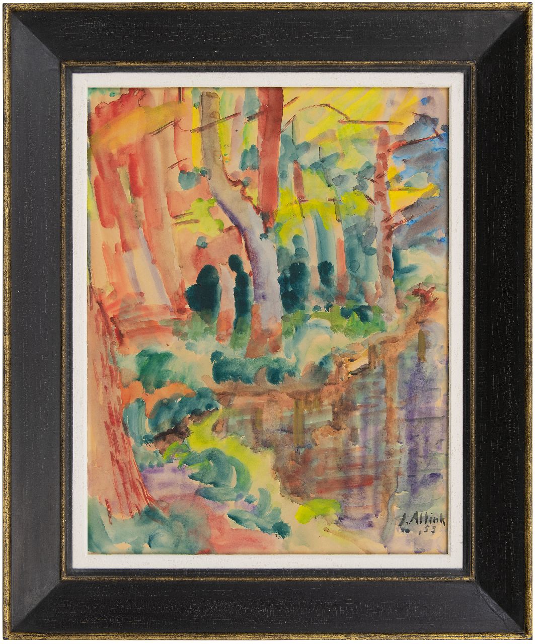 Altink J.  | Jan Altink, Forest with a pond, watercolour on paper 61.7 x 46.7 cm, signed l.r. and dated '55