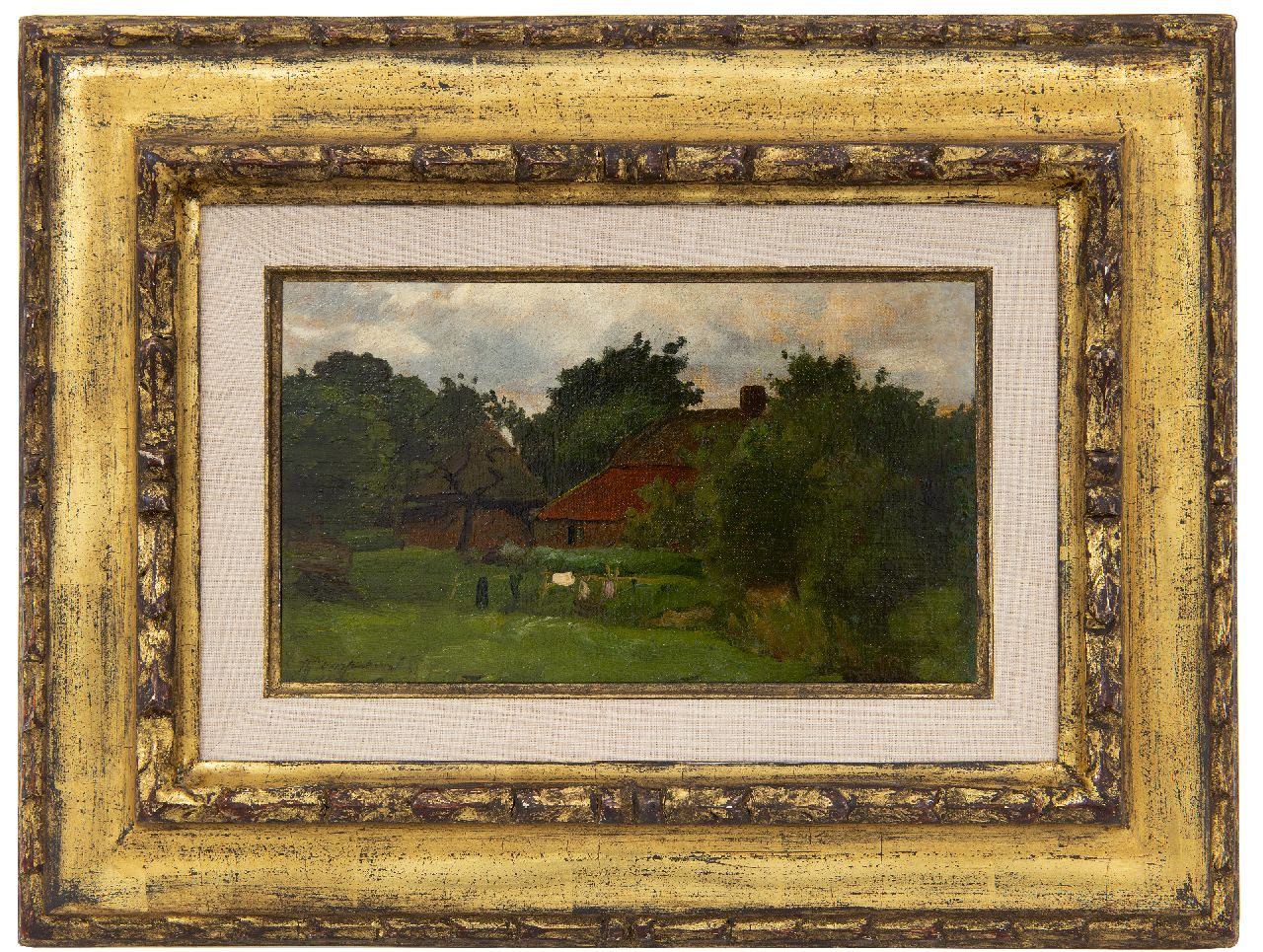 Weissenbruch H.J.  | Hendrik Johannes 'J.H.' Weissenbruch, A farmhouse with drying laundry, oil on canvas laid down on panel 15.4 x 26.1 cm, signed l.l.