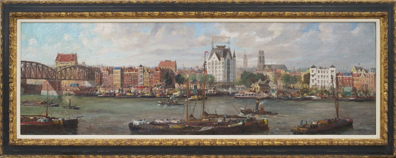Welther H.  | Hendrik 'Henk' Welther, Panoramic view of Rotterdam with the 'Witte Huis' and the old railway bridge, oil on canvas 40.1 x 125.1 cm, signed l.r.