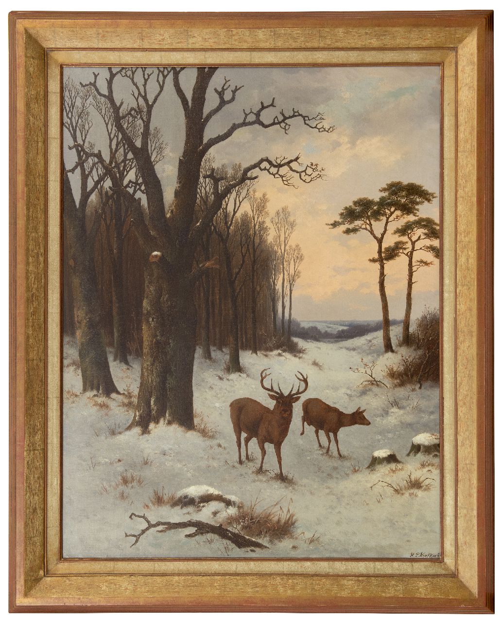 Koekkoek P.H.  | Pieter Hendrik 'H.P.' Koekkoek | Paintings offered for sale | Deers in a snowy forest, oil on canvas 91.6 x 70.8 cm, signed l.r. and painted ca. 1870
