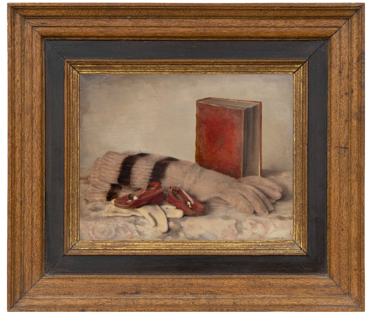 Everbag F.  | Franciscus 'Frans' Everbag | Paintings offered for sale | Still life with gloves, a book and children's shoes, oil on panel 21.0 x 26.9 cm, signed l.r. and dated '27