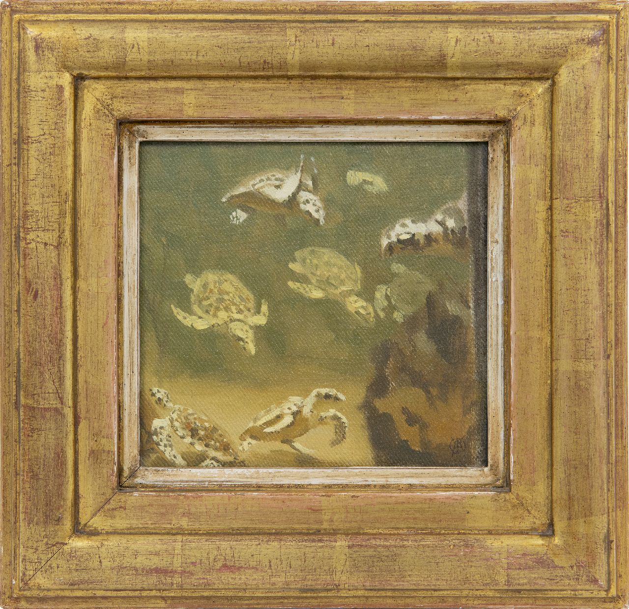 Dijsselhof G.W.  | Gerrit Willem Dijsselhof | Paintings offered for sale | Turtles, oil on panel 15.0 x 15.0 cm, signed l.r. with monogram