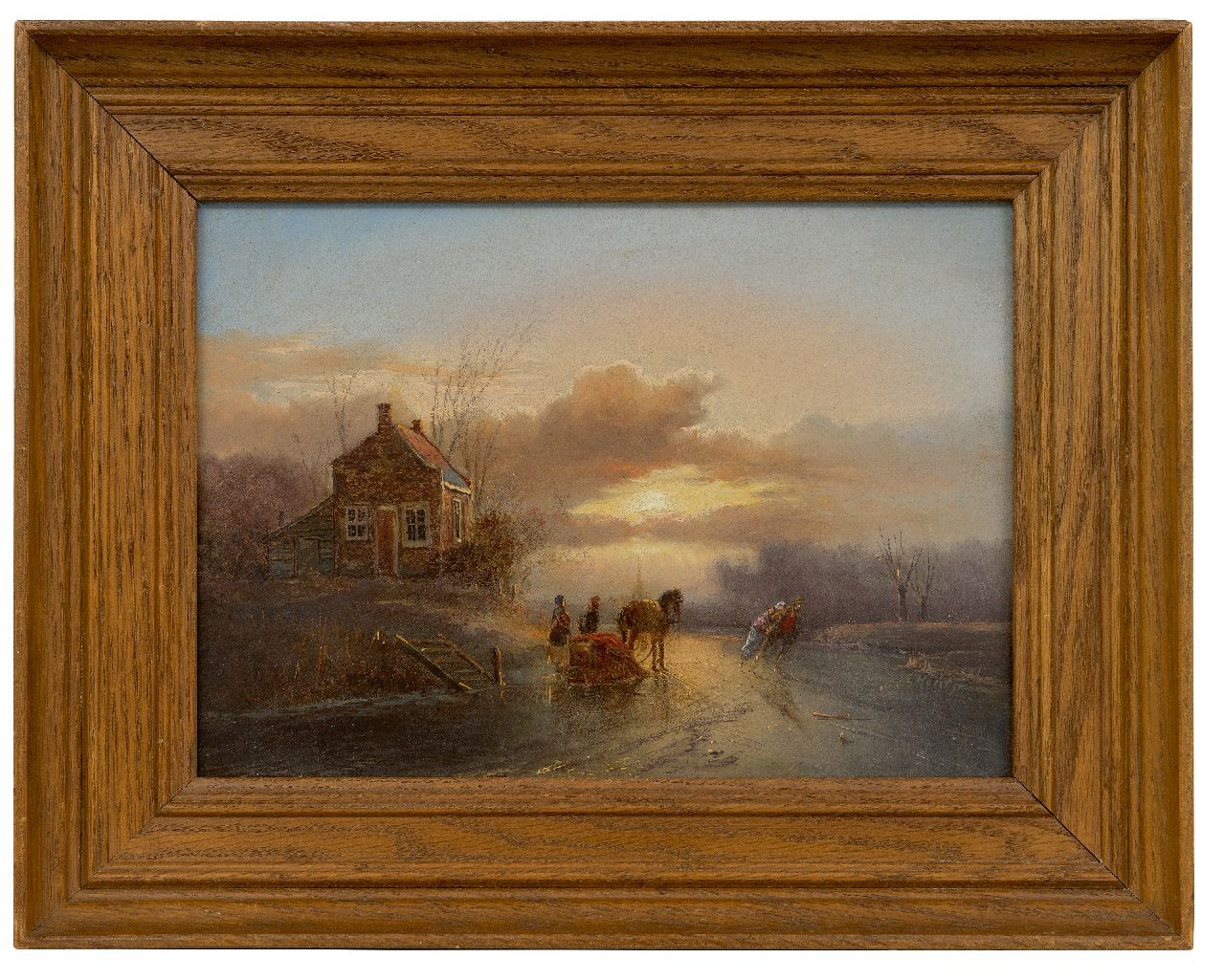 Morel II J.E.  | Jan Evert Morel II | Paintings offered for sale | A horse drawn sledge and skaters at sunset, oil on panel 20.2 x 28.5 cm, signed l.r.