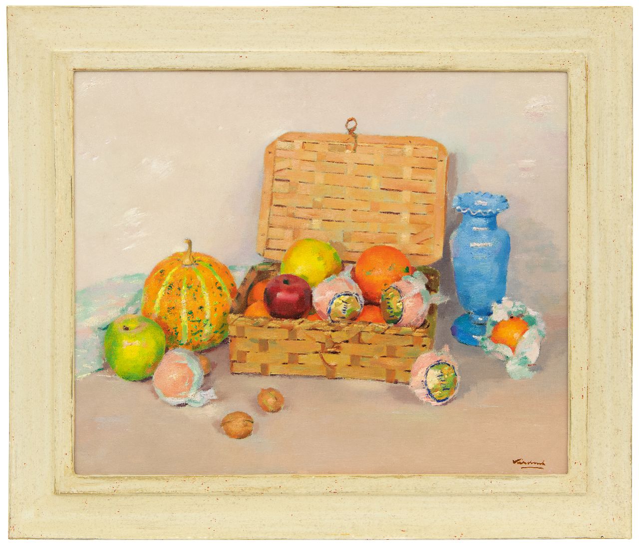 Verdonk F.W.  | Frederik Willem 'Frits' Verdonk | Paintings offered for sale | Still life with a fruit basket, oil on canvas laid down on board 46.0 x 56.0 cm, signed l.r.