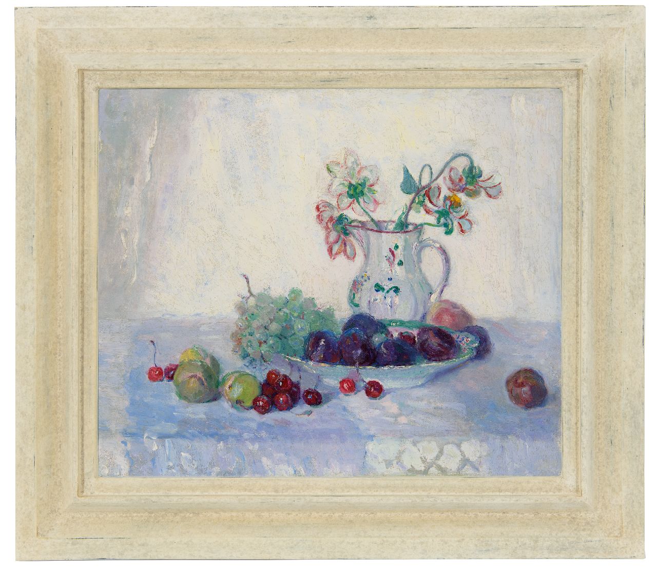 Niekerk M.J.  | 'Maurits' Joseph Niekerk, A still life with fruit and a jug with flowers, oil on canvas 46.1 x 55.4 cm, signed l.l. on canvas cover