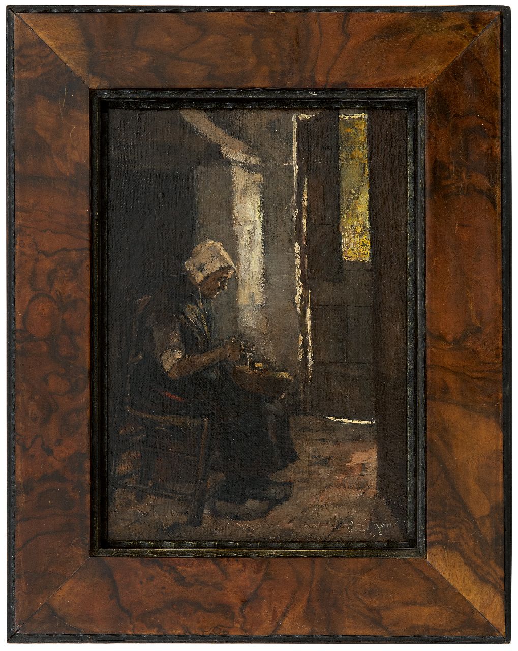 Robertson S.  | Susanne 'Suze' Robertson, Farmers wife peeling potatoes, oil on canvas laid down on panel 27.5 x 20.7 cm, signed l.r.