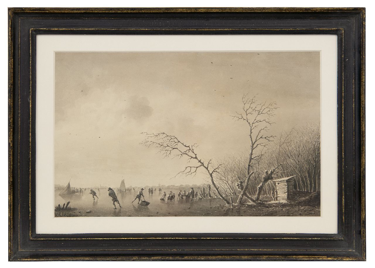 Schelfhout A.  | Andreas Schelfhout | Watercolours and drawings offered for sale | Skaters, koek-en-zopie and ice sailing boat on a frozen waterway, brush and ink on paper 21.0 x 33.5 cm, signed l.r.