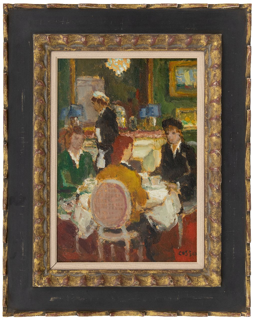 Cosson J.L.M.  | Jean Louis 'Marcel' Cosson | Paintings offered for sale | In the restaurant, oil on painter's board 34.8 x 24.1 cm, signed l.r.