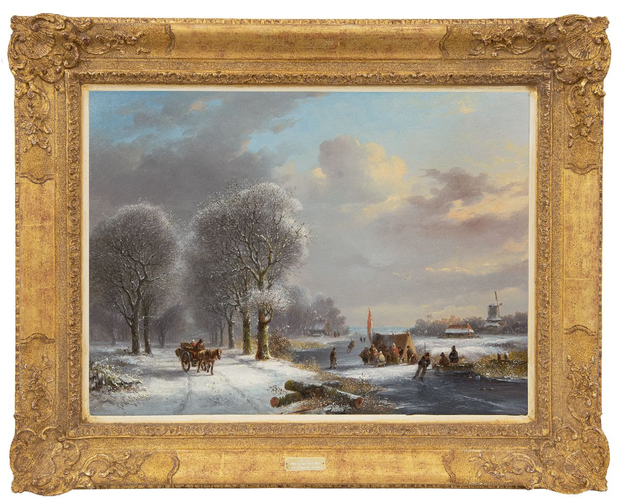 Stok J. van der | Jacobus van der Stok, Winter landscape with figures by a 'koek-and-zopie', oil on panel 41.0 x 55.5 cm, signed l.l. and dated '52