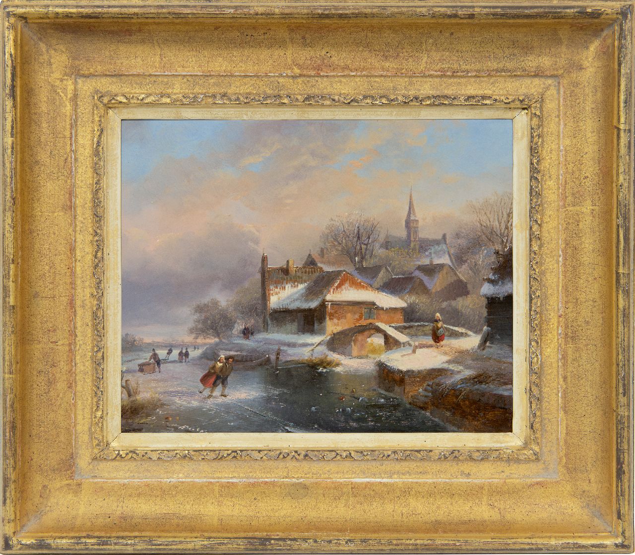 Roosenboom N.J.  | Nicolaas Johannes Roosenboom, Skaters at a snowy village, oil on panel 18.5 x 23.0 cm, signed l.c.