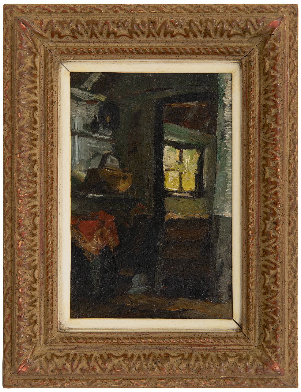 Zwart W.H.P.J. de | Wilhelmus Hendrikus Petrus Johannes 'Willem' de Zwart | Paintings offered for sale | A farm interior, oil on canvas laid down on board 17.0 x 11.0 cm, signed l.l. with initials
