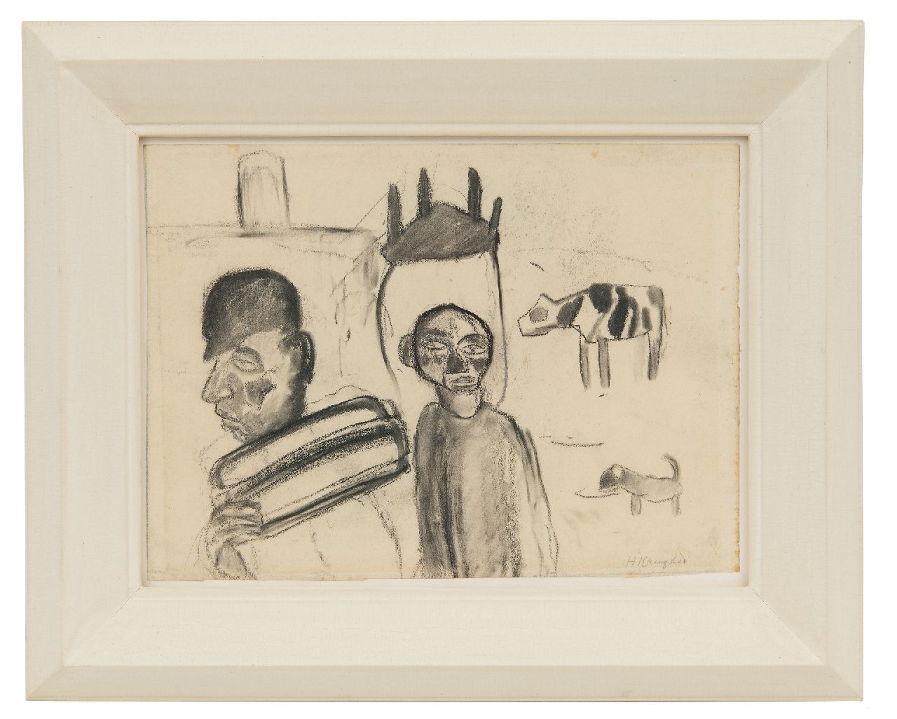 Kruyder H.J.  | 'Herman' Justus Kruyder | Watercolours and drawings offered for sale | Two men with a cow and dog, charcoal on paper 19.1 x 26.1 cm, signed l.r. and executed ca. 1920
