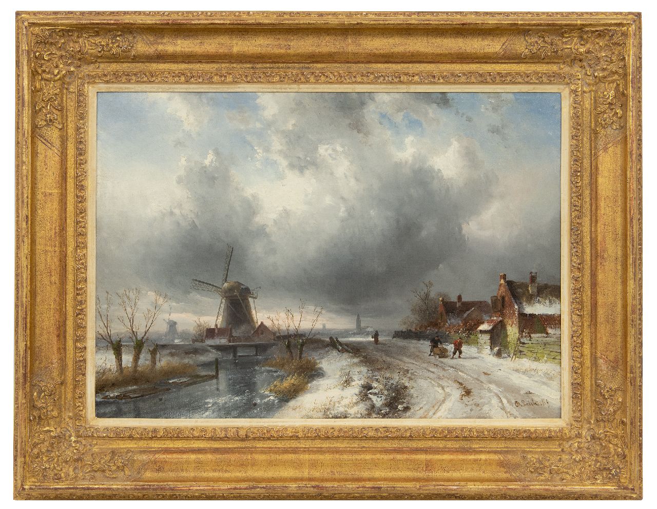 Leickert C.H.J.  | 'Charles' Henri Joseph Leickert, Extensive winter landscape with figures on a snowy path, oil on canvas 44.0 x 62.7 cm, signed l.r.