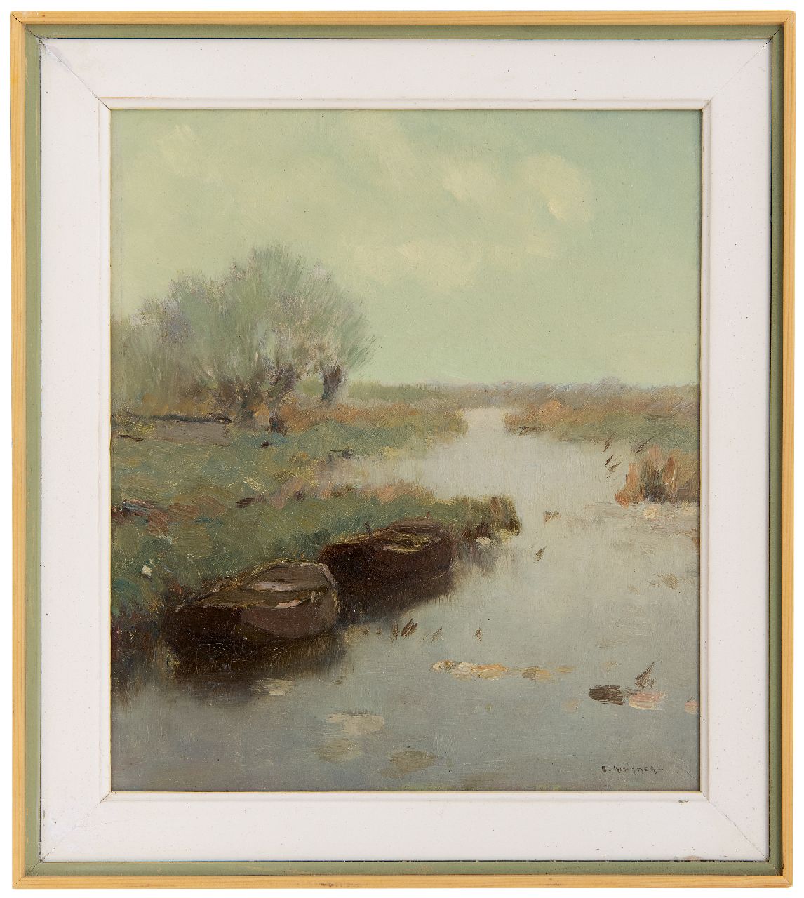 Knikker A.  | Aris Knikker, Moored rowing boats in a canal, oil on painter's board 25.4 x 21.4 cm, signed l.r.