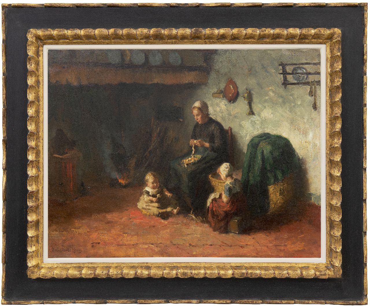 Hoog J.B. de | Johan 'Bernard' de Hoog | Paintings offered for sale | A farm interior in Laren  with mother and children, oil on canvas 50.0 x 65.5 cm, signed l.l.