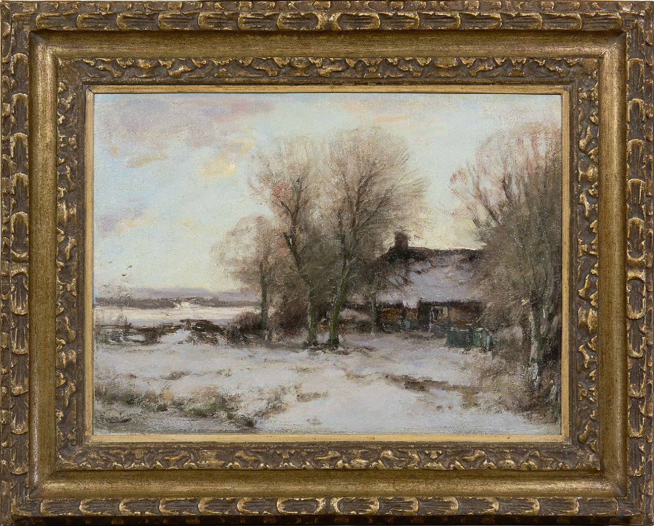 Apol L.F.H.  | Lodewijk Franciscus Hendrik 'Louis' Apol | Paintings offered for sale | Farmhouse in a snowy landscape, oil on canvas 34.3 x 46.2 cm, signed l.l.