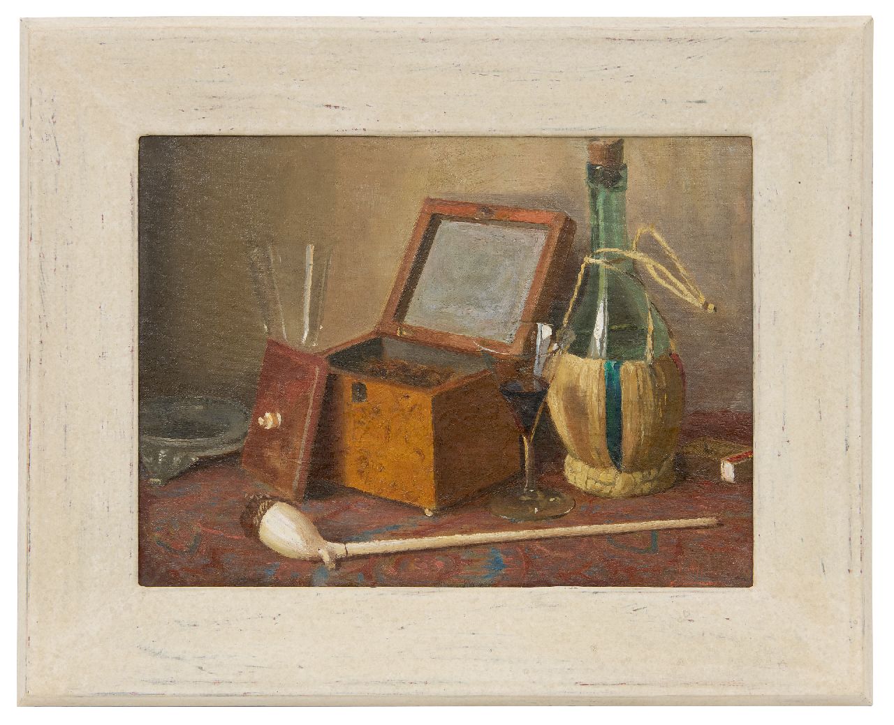 Altink J.  | Jan Altink | Paintings offered for sale | Still life with tobacco box, pipe and wine bottle of Altink, oil on canvas 30.3 x 40.3 cm, signed l.r.