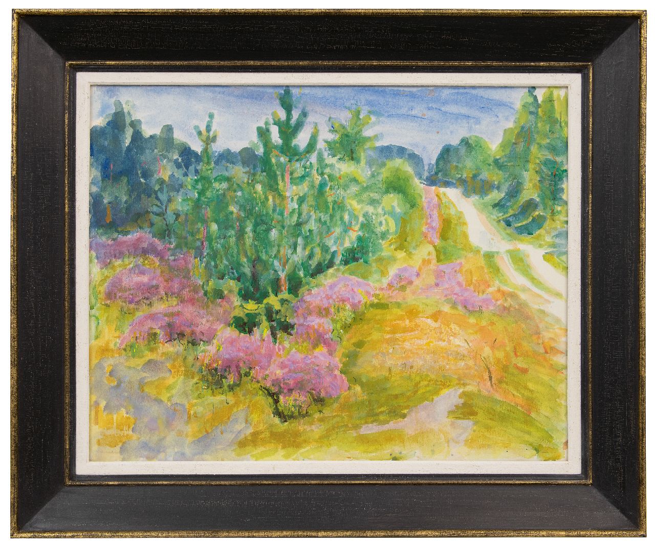 Altink J.  | Jan Altink, Country road through pine forest and flowering heather, watercolour on paper 54.9 x 69.8 cm