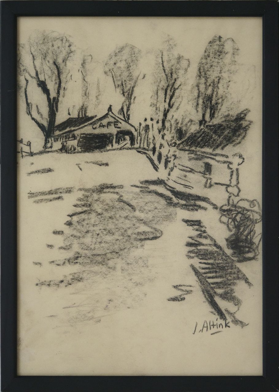 Altink J.  | Jan Altink, Café near the bridge in Steentil, charcoal on paper 48.5 x 33.5 cm, signed l.r. and executed ca. '56