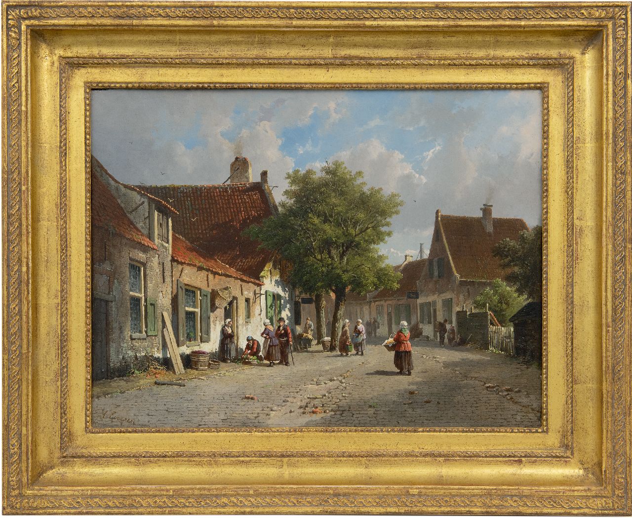 Eversen A.  | Adrianus Eversen, A sunny, busy village view, oil on panel 33.0 x 43.9 cm, signed l.l.