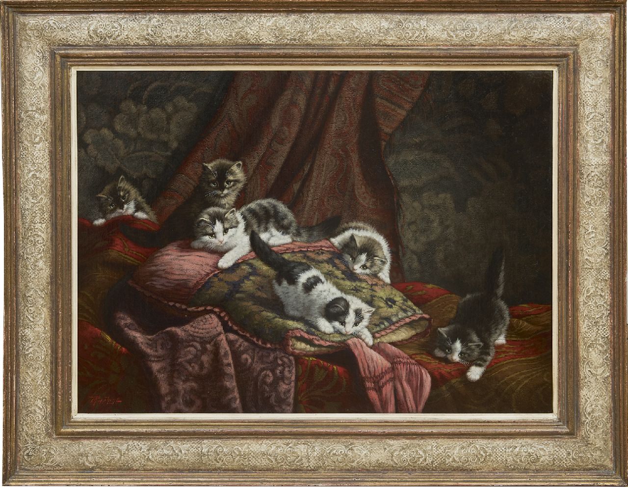 Raaphorst C.  | Cornelis Raaphorst, Six kittens playing in an interior, oil on canvas 60.1 x 80.3 cm, signed l.l.