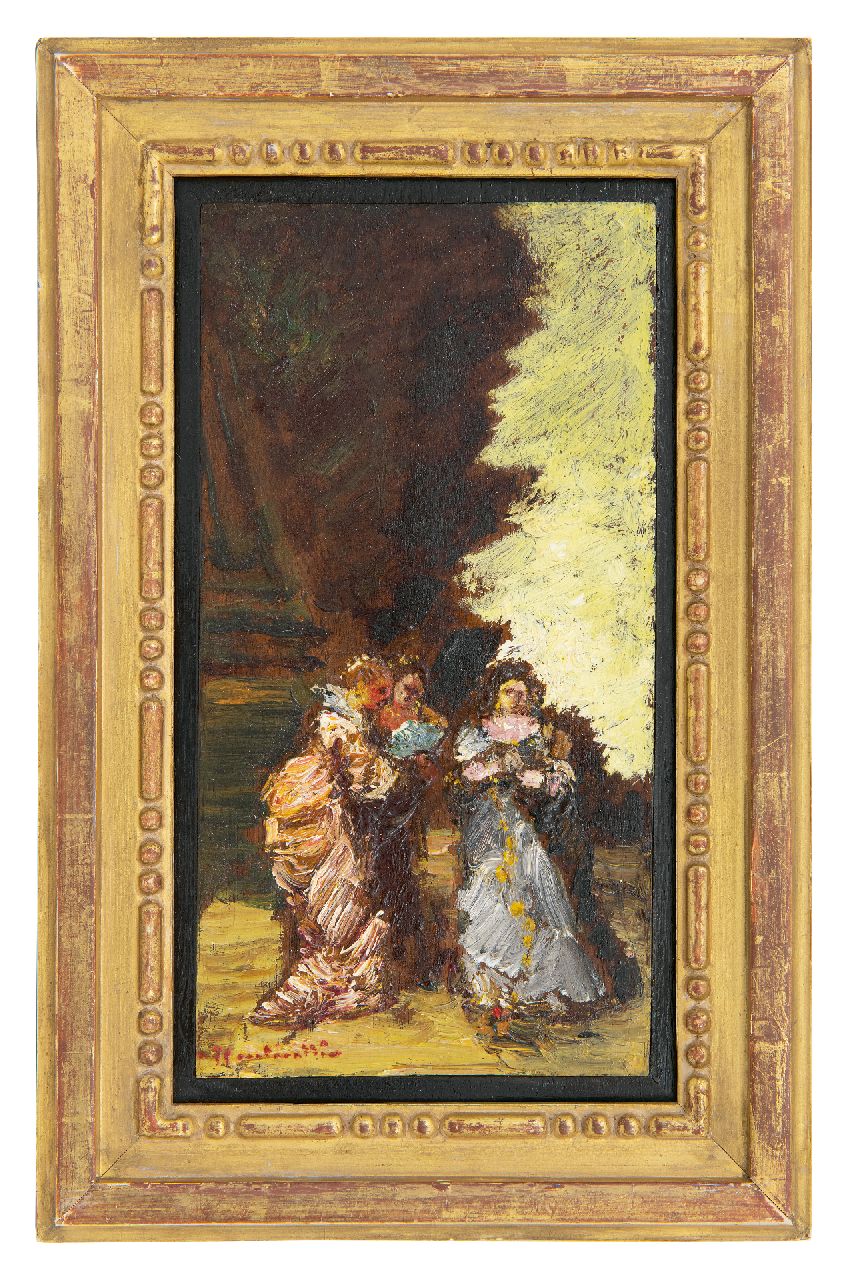 Monticelli A.J.T.  | 'Adolphe' Joseph Thomas Monticelli Monticelli, Trois femmes dans un parc (Three women in a park), oil on board laid down on panel 29.3 x 16.0 cm, signed l.l.