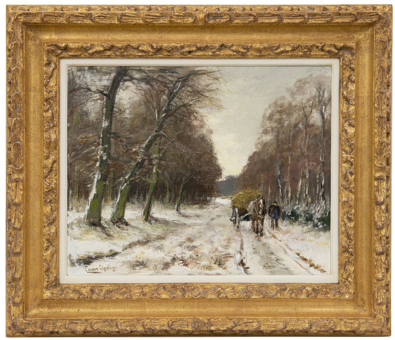 Apol L.F.H.  | Lodewijk Franciscus Hendrik 'Louis' Apol, Man with hay cart in a snowy forest, oil on canvas 32.6 x 40.5 cm, signed l.l.