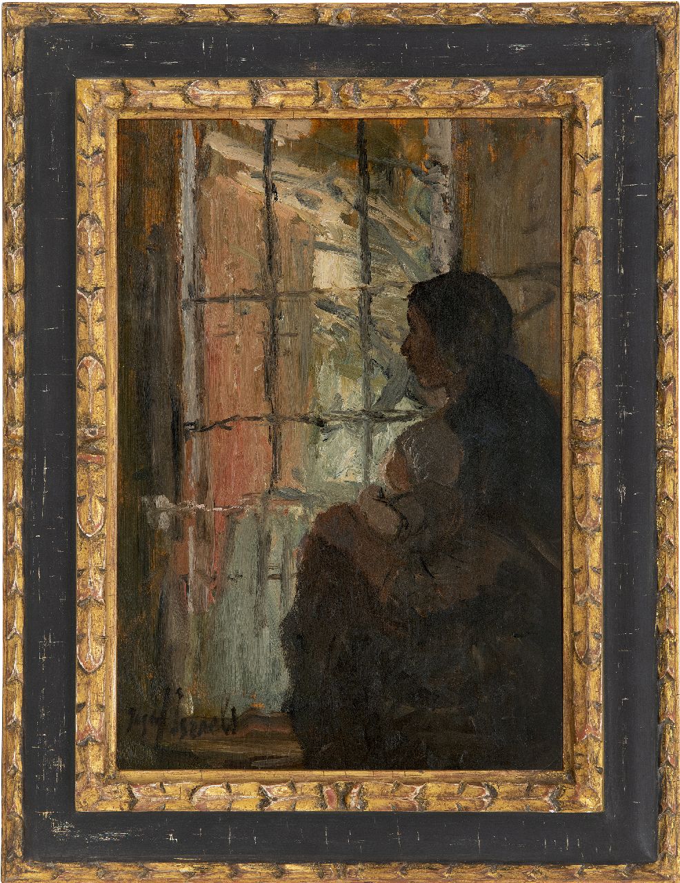 Israëls J.  | Jozef Israëls, Mother and child at the window, oil on panel 38.6 x 27.1 cm, signed l.l.