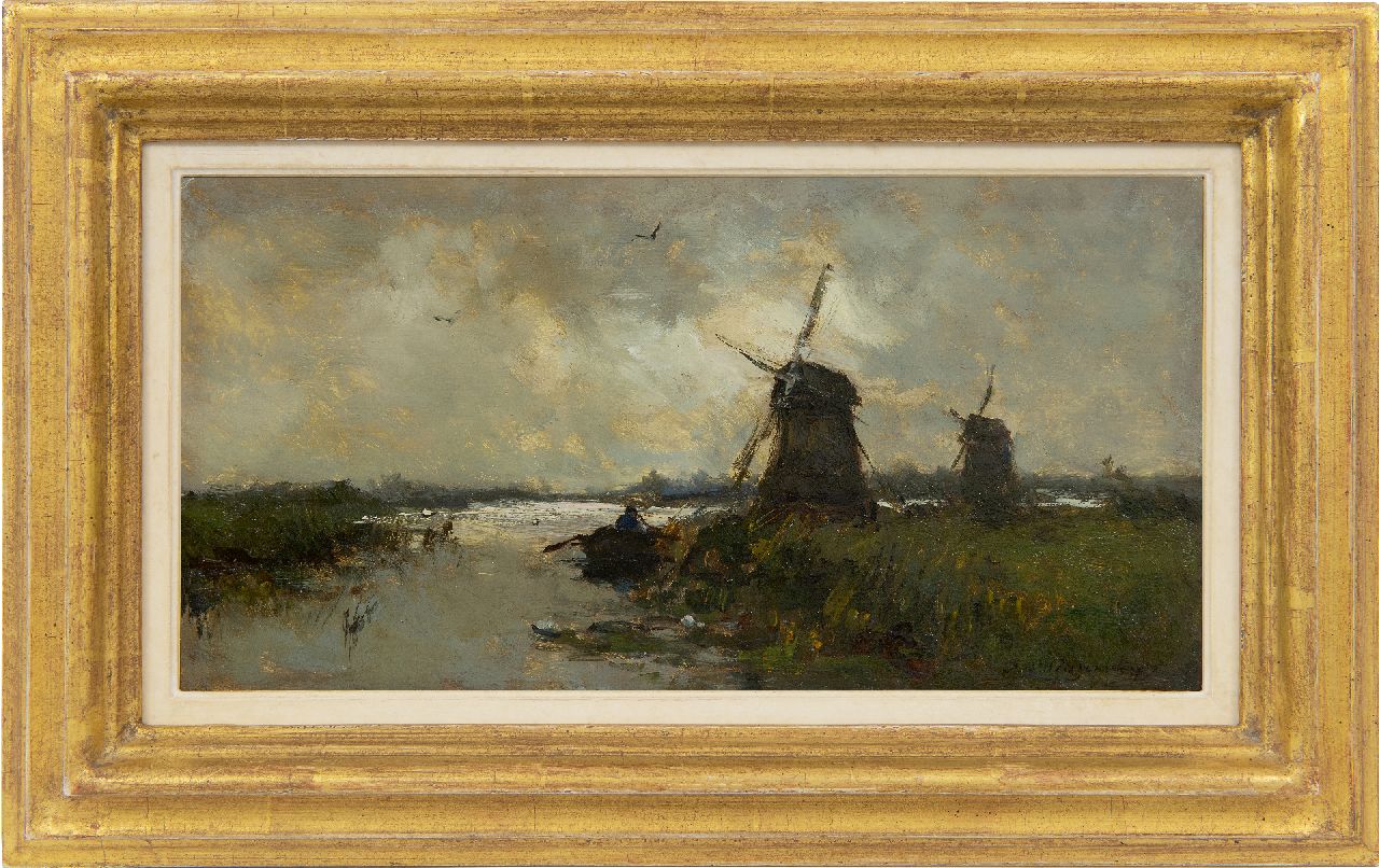 Weissenbruch H.J.  | Hendrik Johannes 'J.H.' Weissenbruch, Windmills in a polder landscape, oil on panel 16.9 x 33.0 cm, signed l.r. and painted in the 1890's
