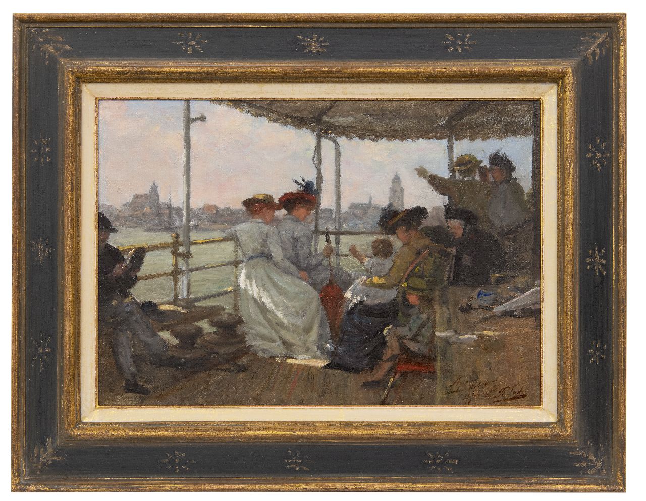 Sadée P.L.J.F.  | Philip Lodewijk Jacob Frederik Sadée, Daytrip on the steamship from Arnhem to the Westerbouwing, oil on canvas laid down on panel 34.6 x 50.0 cm, signed l.r. and dated 27 juli 1900