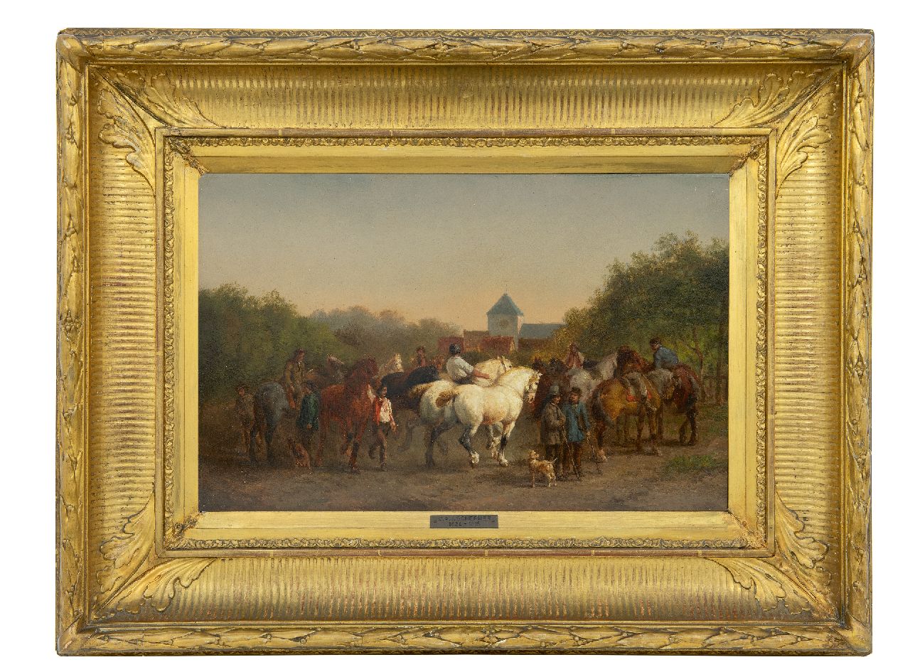 Schermer C.A.J.  | Cornelis Albertus Johannes Schermer, Horse market, oil on panel 25.7 x 39.9 cm, signed l.l.