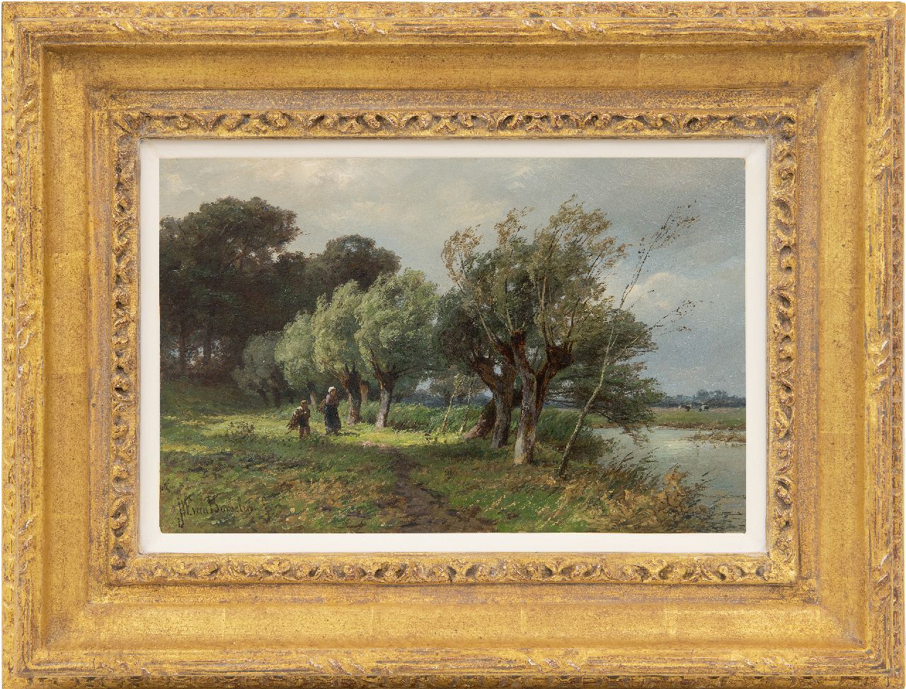 Borselen J.W. van | Jan Willem van Borselen, Gathering wood along the river, oil on panel 20.8 x 31.7 cm, signed l.l.
