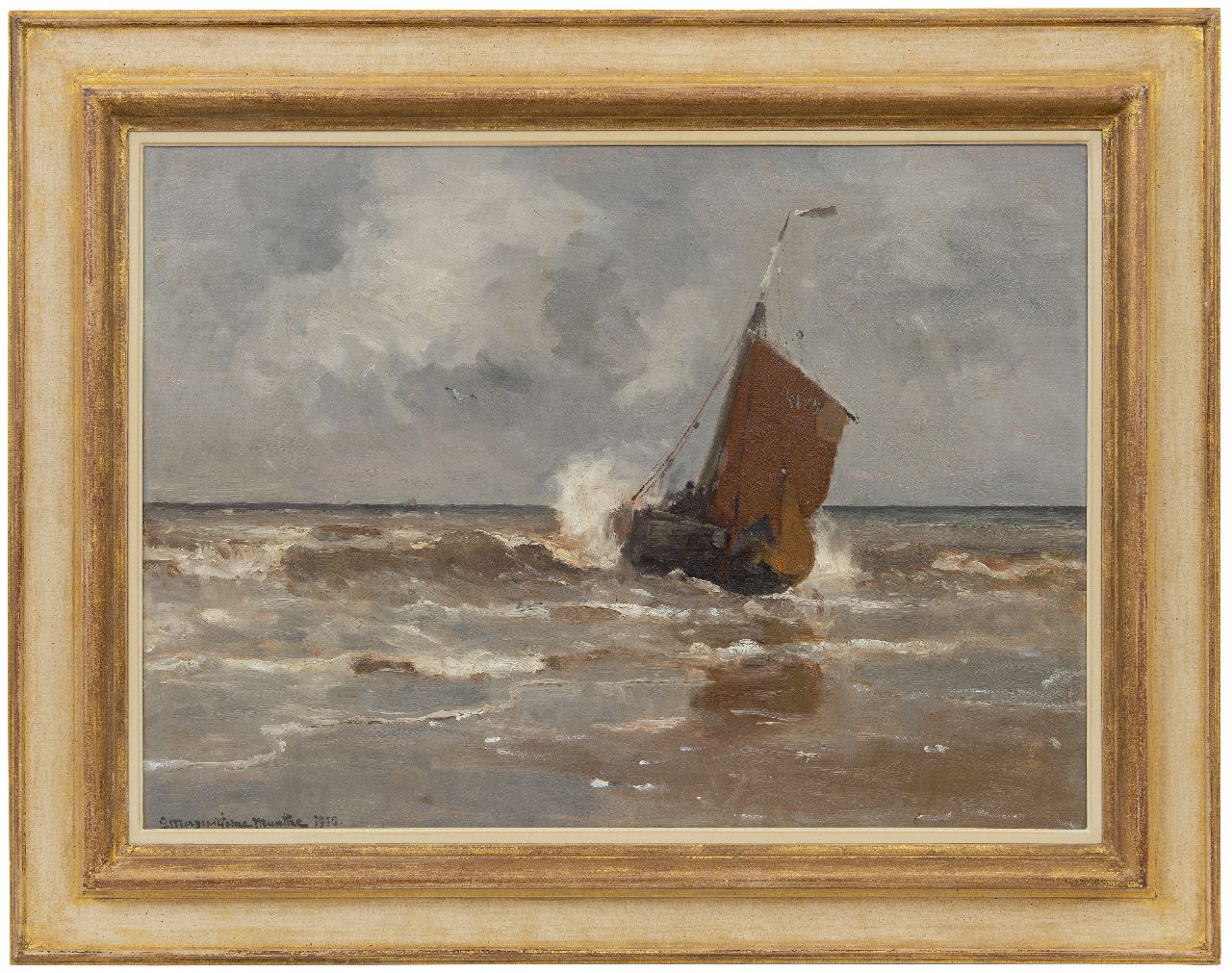 Munthe G.A.L.  | Gerhard Arij Ludwig 'Morgenstjerne' Munthe, A fishing barge approaching the beach, Katwijk, oil on canvas 58.0 x 78.1 cm, signed l.l. and dated 1910