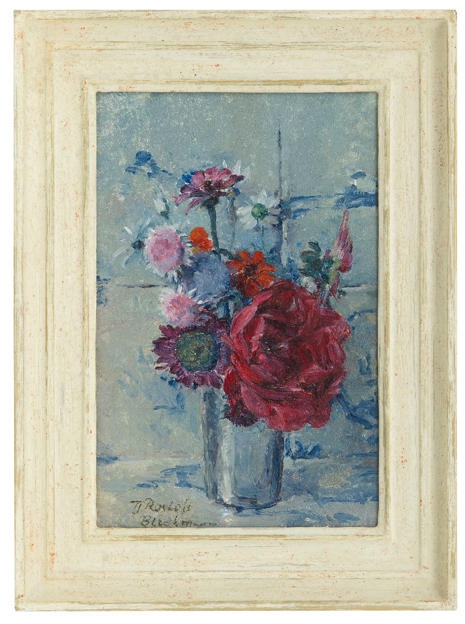 Roelofs-Bleckmann E.F.  | Elisabeth Francoise 'Tjieke' Roelofs-Bleckmann, Summer flowers in a vase, oil on panel 29.8 x 18.8 cm, signed l.l.