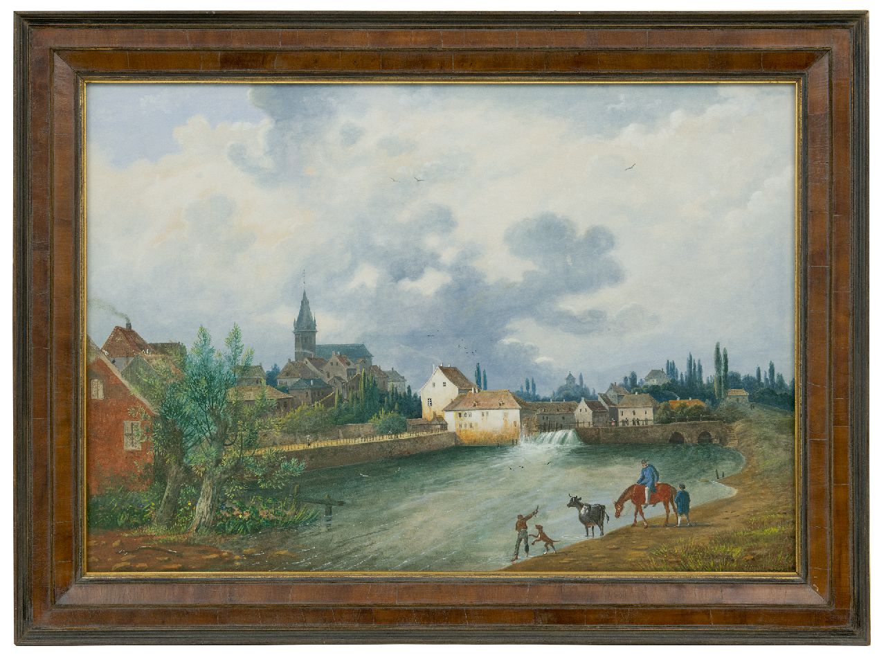 Knip H.J.  | Hendrikus Johannes 'Henri' Knip | Watercolours and drawings offered for sale | View of a town with a fast flowing river (possibly Switzerland), gouache on paper 49.5 x 72.7 cm, signed l.r.