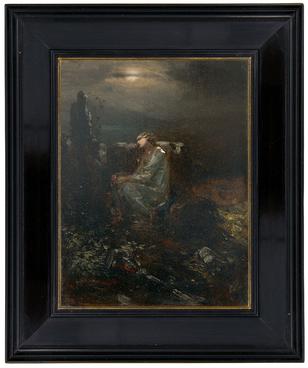 Rochussen Ch.  | Charles Rochussen | Paintings offered for sale | Woman on a rock, possibly the Lorelei, oil on panel 22.7 x 17.5 cm, signed l.r. with monogram and in label on the reverse and painted ca. 1845