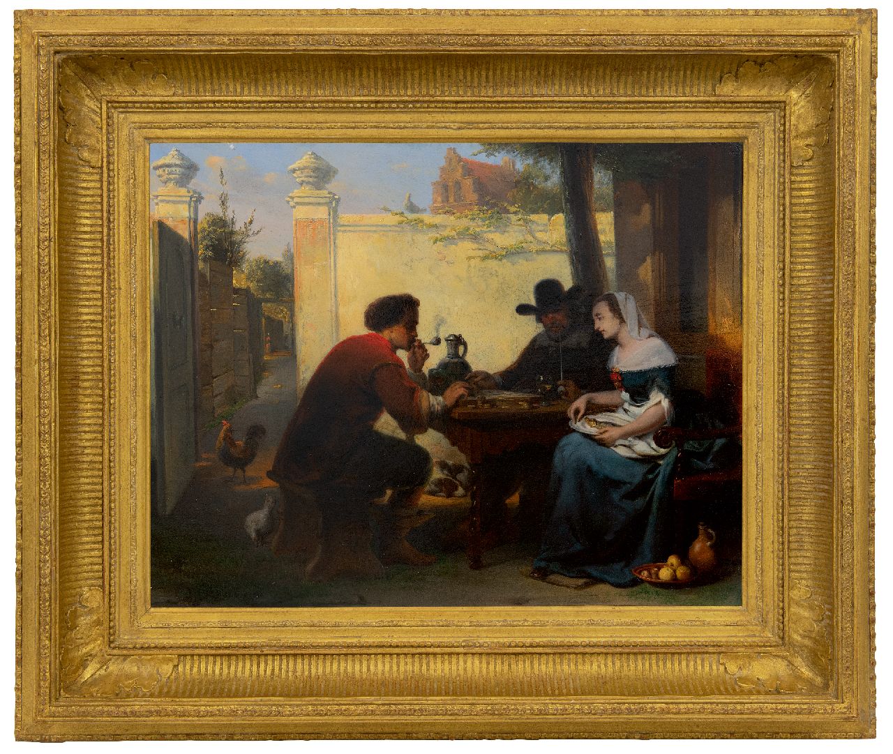 Laar J.H. van de | Jan Hendrik van de Laar | Paintings offered for sale | Playing checkers in the courtyard, oil on panel 40.8 x 51.1 cm, signed l.l. on the bench and dated 1864