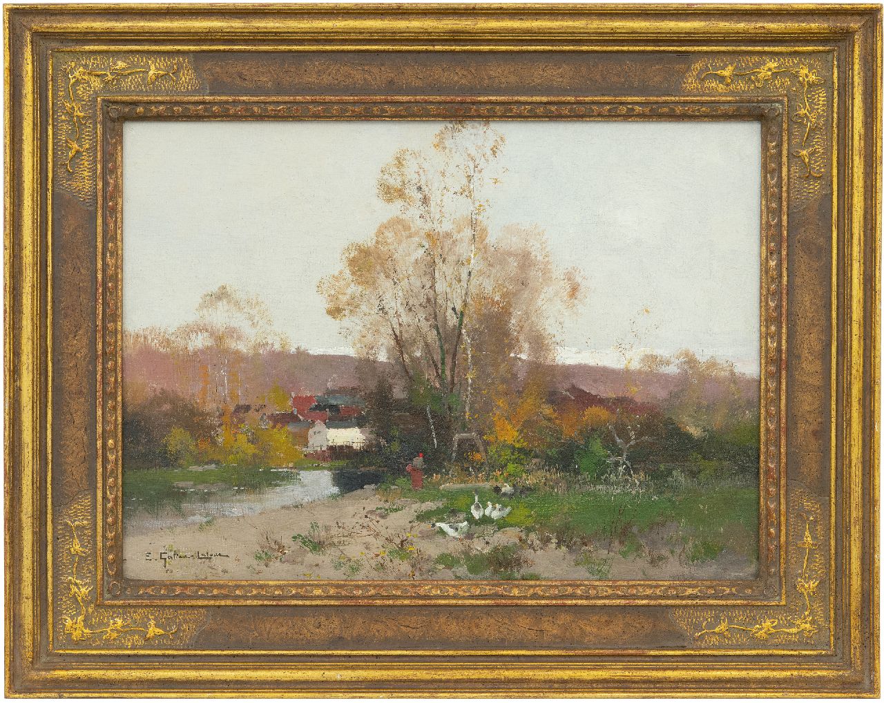 Galien-Laloue E.  | Eugène Galien-Laloue | Paintings offered for sale | Autumn landscape with goose girl, oil on canvas 33.3 x 46.0 cm, signed l.l.