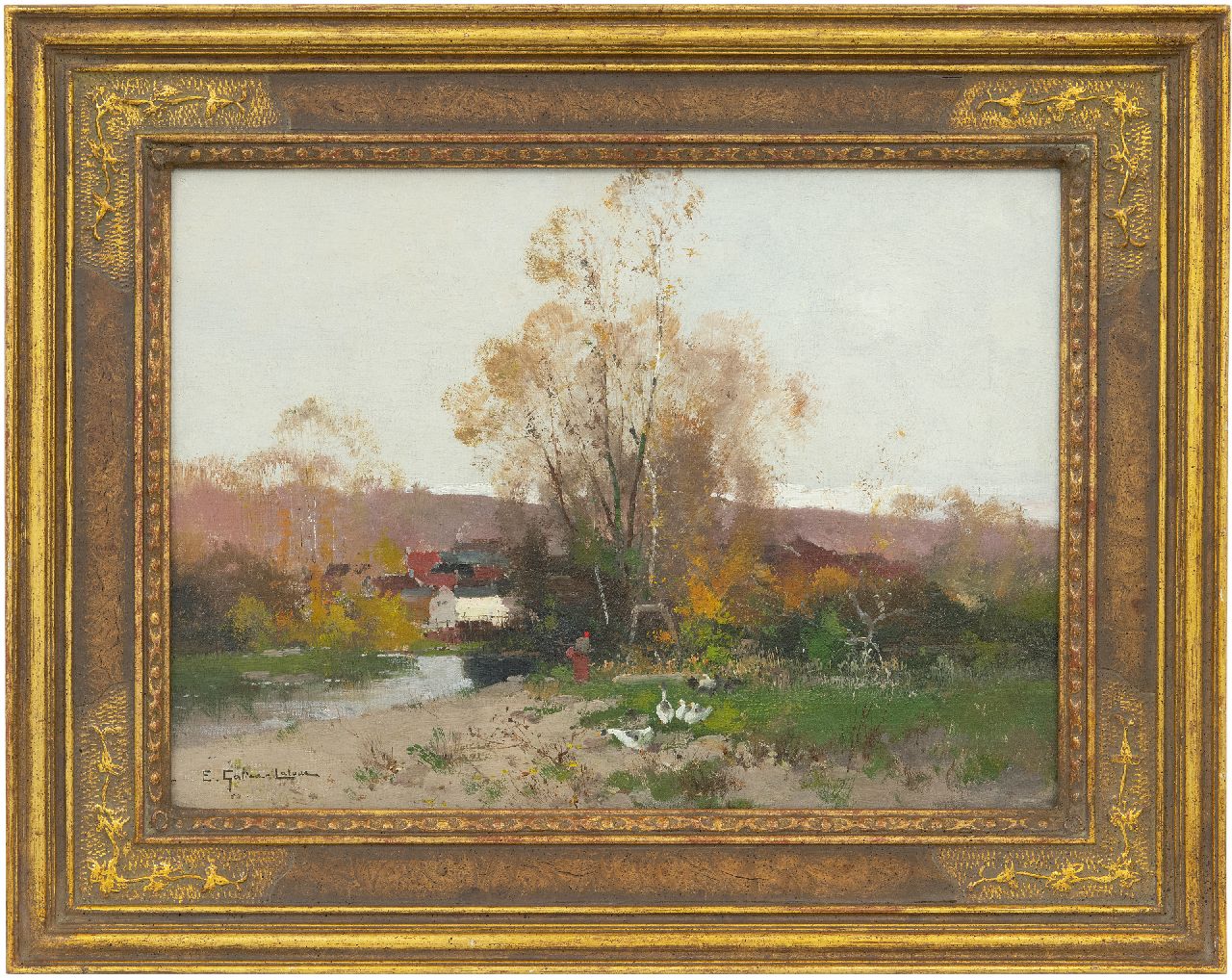 Galien-Laloue E.  | Eugène Galien-Laloue | Paintings offered for sale | Autumn landscape with goose girl, oil on canvas 33.3 x 46.0 cm, signed l.l.