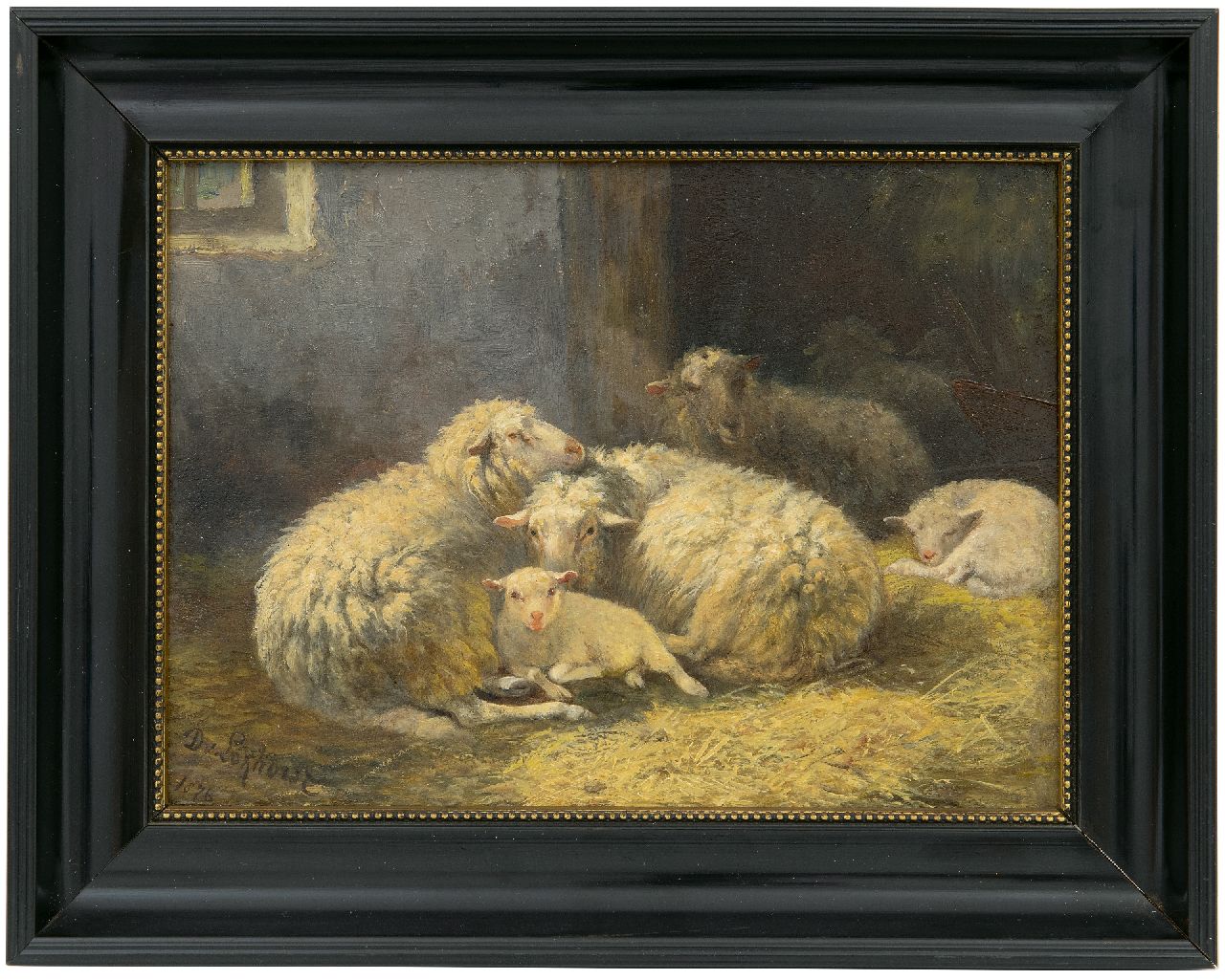 Lokhorst D. van | Dirk van Lokhorst, Sheep and lambs in a stable, oil on panel 18.0 x 24.7 cm, signed l.l. and dated 1876