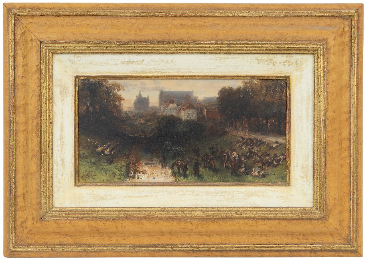 Rochussen Ch.  | Charles Rochussen, Resting French cavalrymen near a Dutch town, oil on panel 11.6 x 23.1 cm, signed l.l. with initials and dated '50