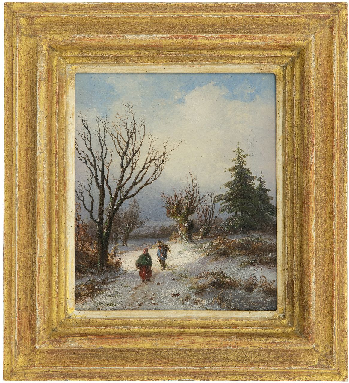 Haus H.M.  | Hendrik Manfried Haus, Gathering wood on a snowy path, oil on panel 17.7 x 15.1 cm, signed l.r.