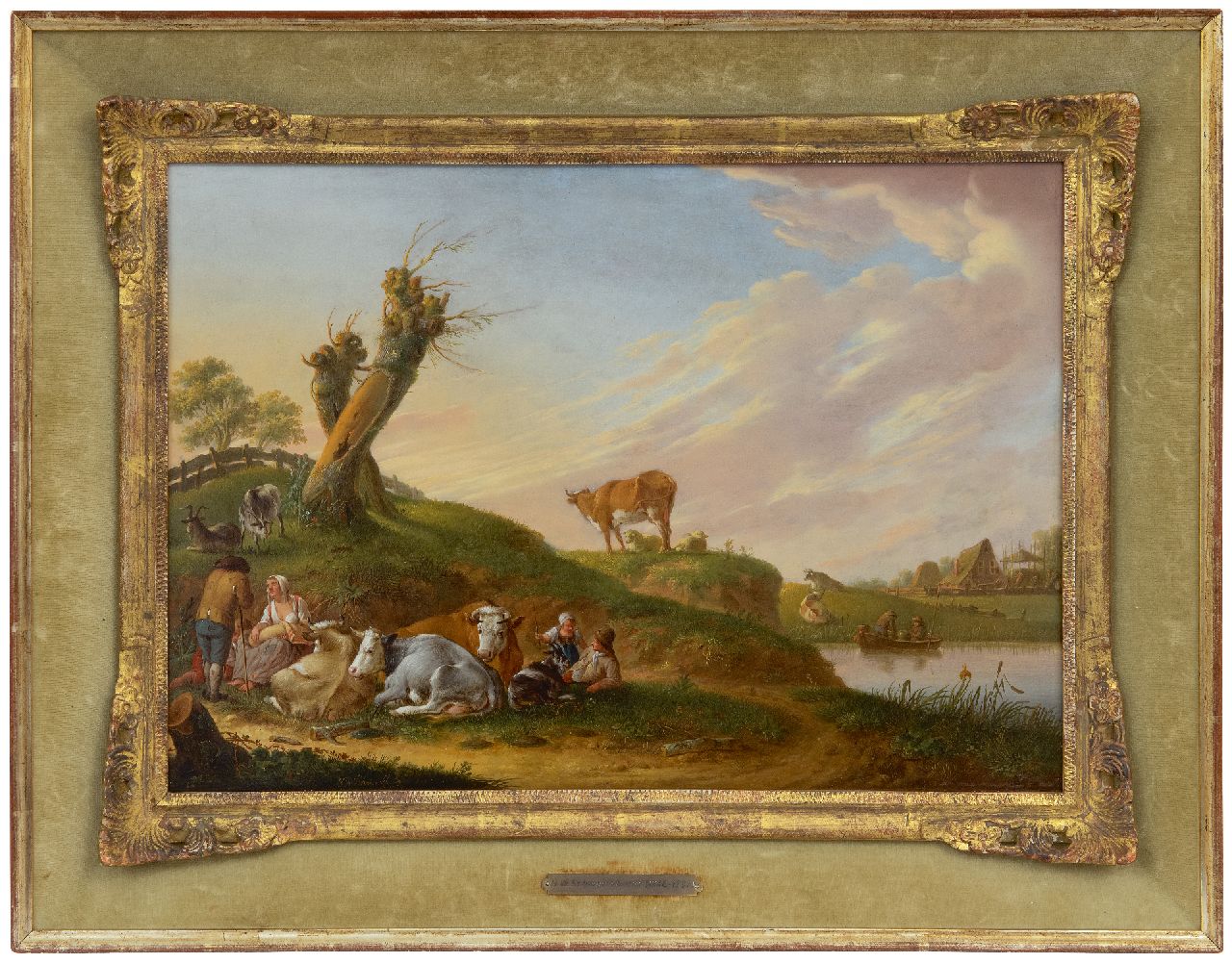 Schweickhardt H.W.  | Heinrich Wilhelm Schweickhardt | Paintings offered for sale | Shepherds with their flock near a river, oil on panel 33.5 x 47.2 cm, signed l.l. and dated 1774