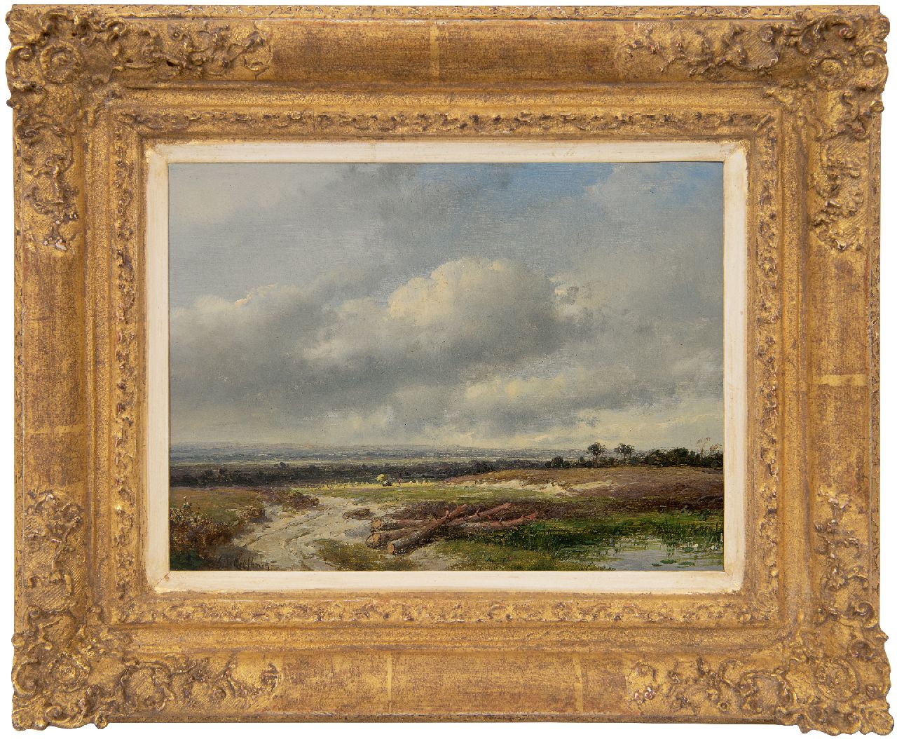 Schelfhout A.  | Andreas Schelfhout | Paintings offered for sale | Panoramic landscape under a Dutch sky, oil on panel 17.8 x 24.0 cm, signed l.l.