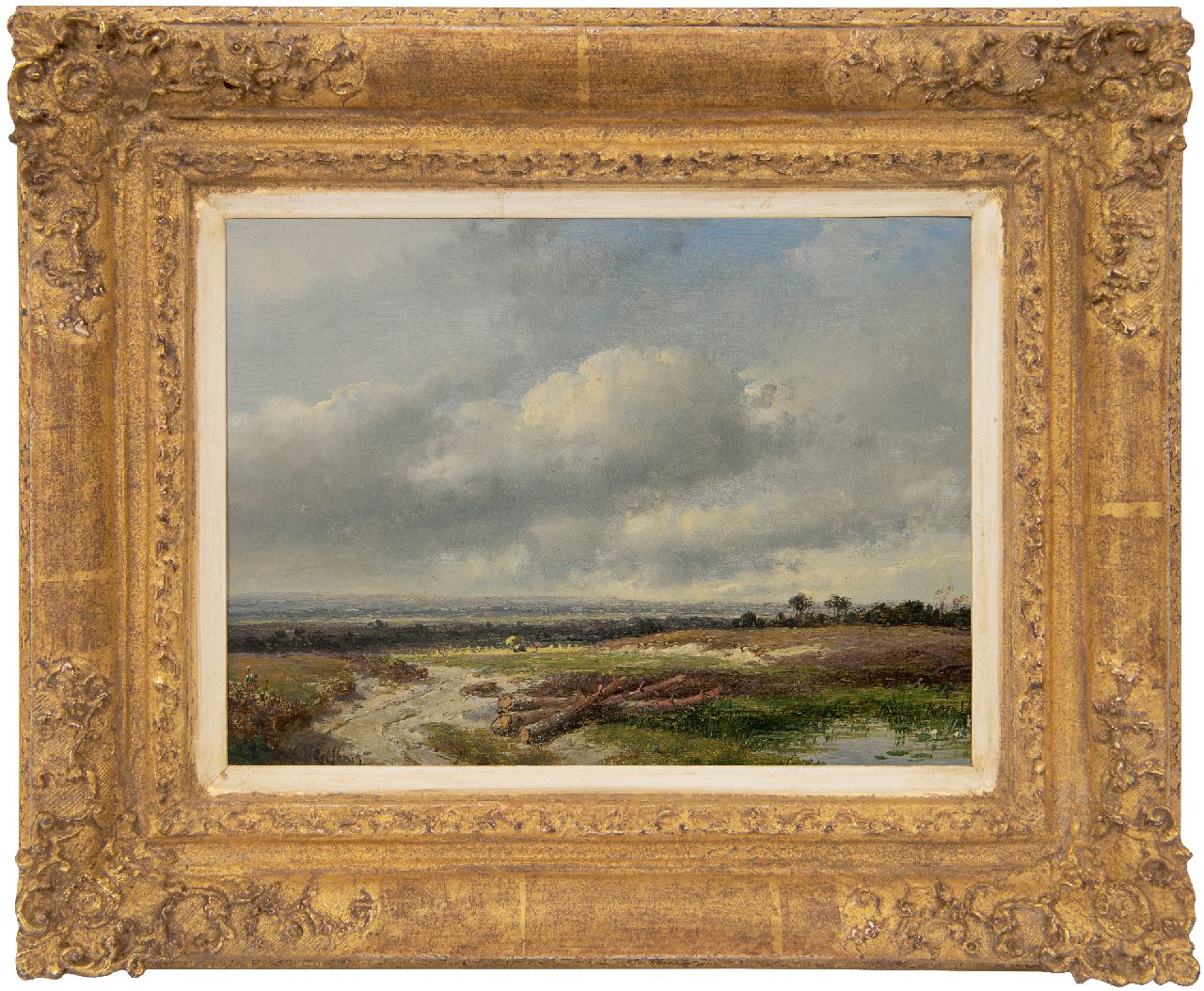 Schelfhout A.  | Andreas Schelfhout, Panoramic landscape under a Dutch sky, oil on panel 17.8 x 24.0 cm, signed l.l.