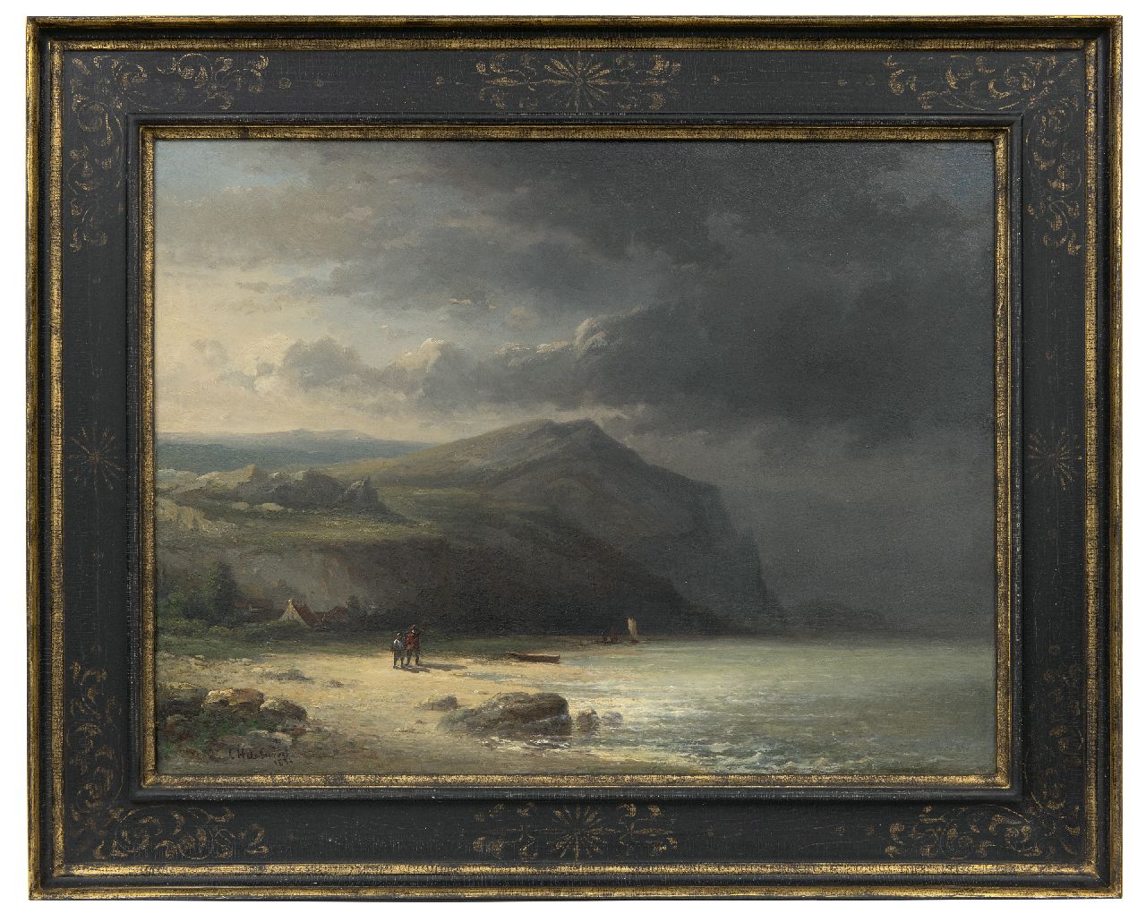 Swart C.H. de | Corstiaan Hendrikus de Swart | Paintings offered for sale | Land folk on the beach with approaching storm, oil on panel 45.3 x 59.7 cm, signed l.l. and dated 1871, without frame