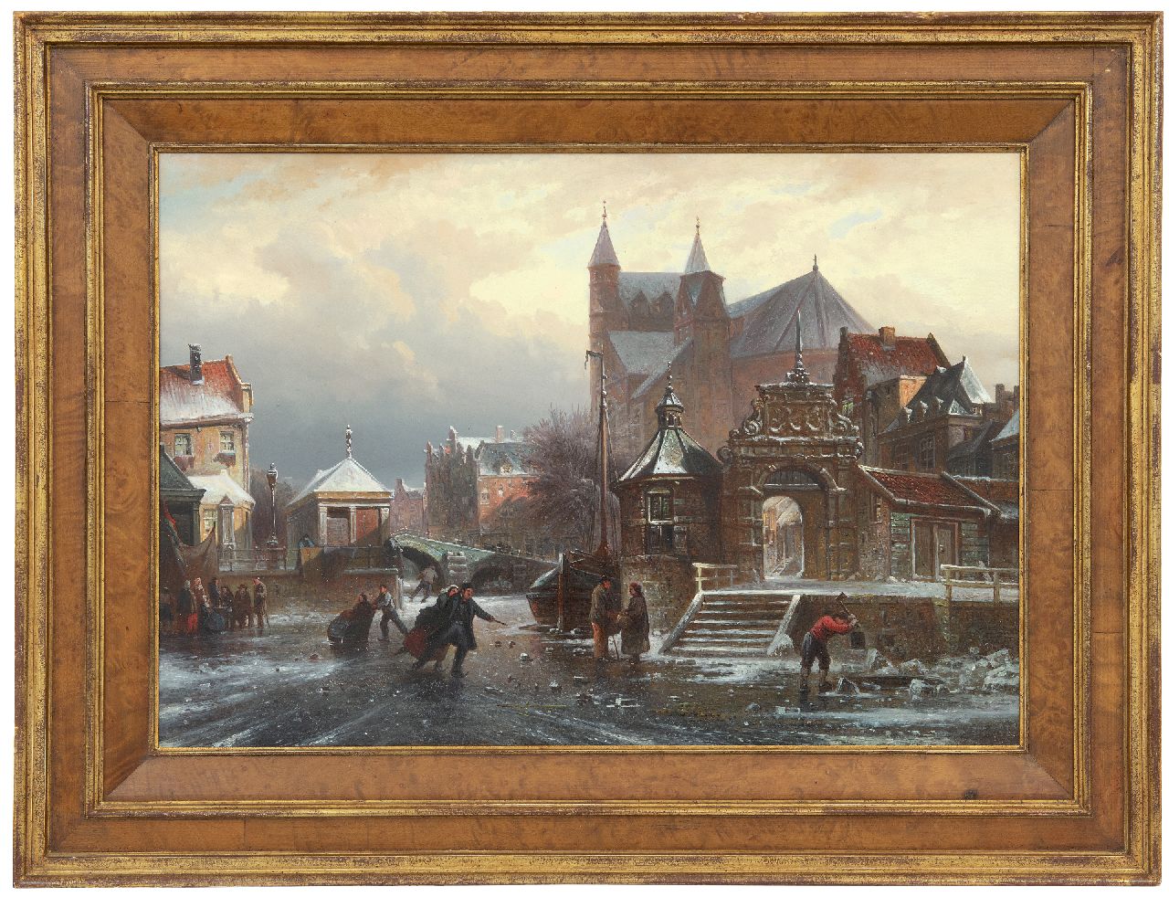Bommel E.P. van | Elias Pieter van Bommel | Paintings offered for sale | Skating fun on a frozen canal in a town, oil on panel 36.7 x 54.4 cm, signed l.r. and dated '72 [?]