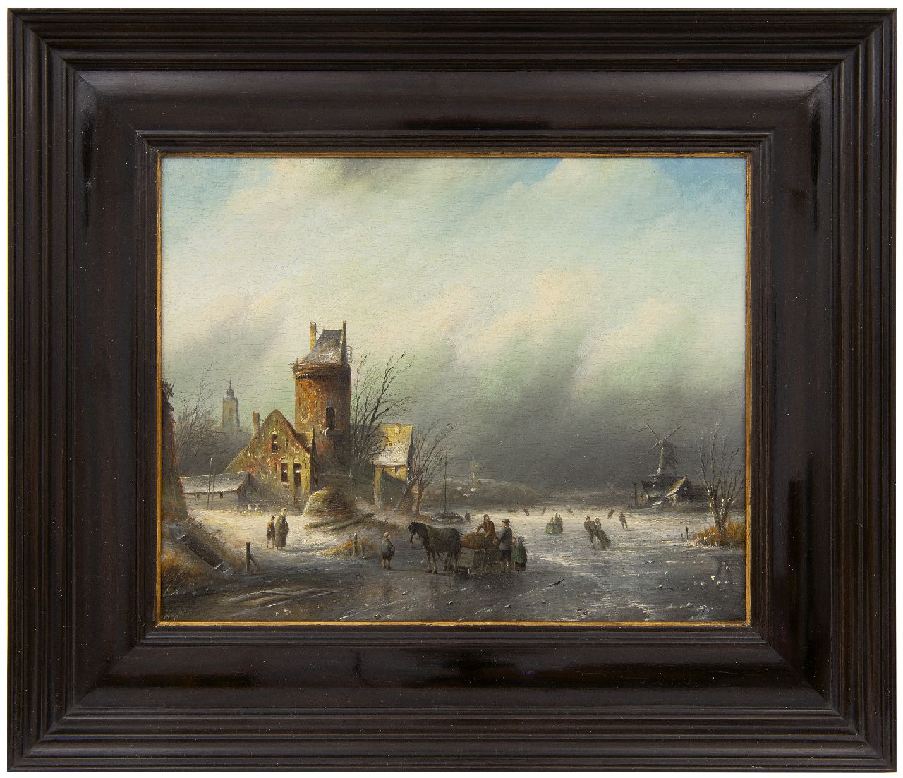 Spohler J.J.C.  | Jacob Jan Coenraad Spohler, A winter landscape with skaters on a frozen river, oil on panel 21.5 x 27.1 cm, signed l.l.