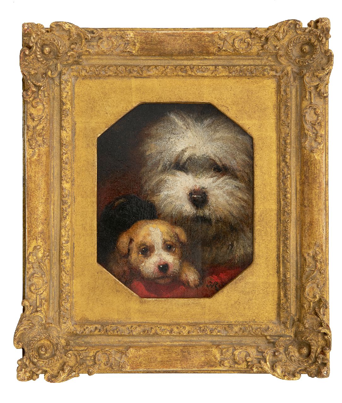 Ronner-Knip H.  | Henriette Ronner-Knip, Two dog heads, oil on panel 20.8 x 17.0 cm, signed l.r. with monogram