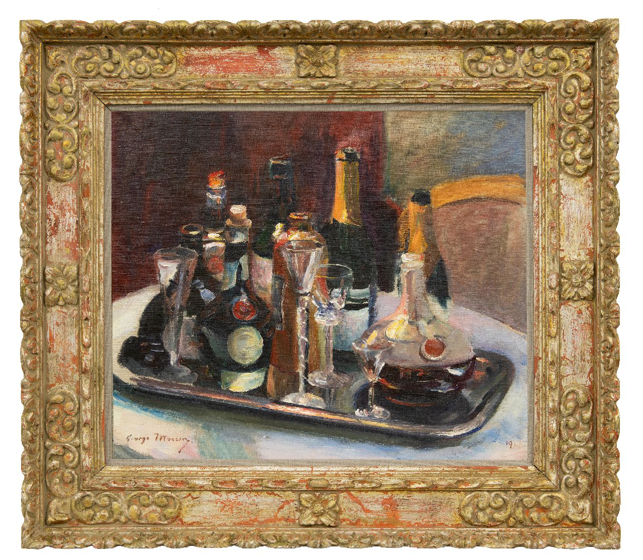 Mosson G.  | Georges 'George' Mosson | Paintings offered for sale | A still life with Dom Bénédictine liqueur, bottles and glasses, oil on canvas 54.7 x 63.1 cm, signed l.l. and dated '19